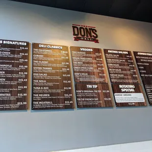 Menu, with vegetarian options and sides