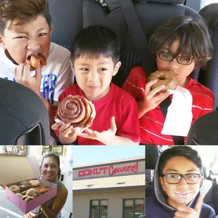 a collage of photos of children eating donuts