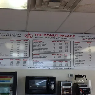 a menu for the donut palace