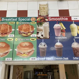Breakfast sandwiches and smoothie menu