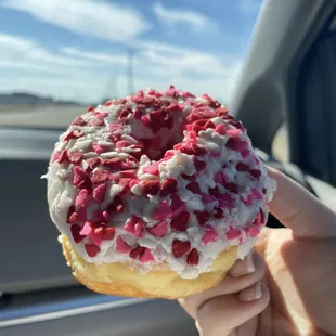 a hand holding a donut with sprinkles