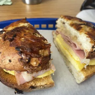 Ham, egg cheese on New York style three cheese bagel