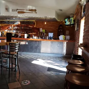 a bar with a row of stools