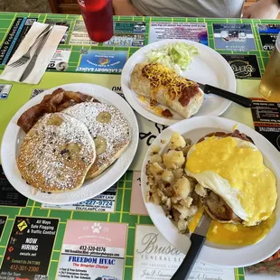 Banana Chocolate Chip pancakes, Eggs Benny &amp; Breakfast Burrito