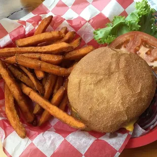 Mayfield single burger w/ cheese and sweet potato fries. Salty, delicious goodness!