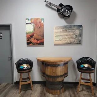 a man sitting at a table with a guitar on the wall