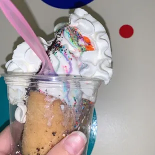 DoughCone w/ chocolate syrup, Oreos, recess pieces, sprinkles, and whipped cream.