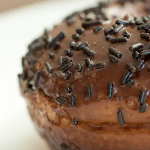 a chocolate frosted donut with sprinkles