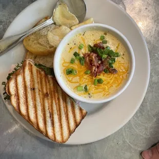 Club panini, and cup of loaded potato soup