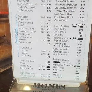 a menu for cold drinks
