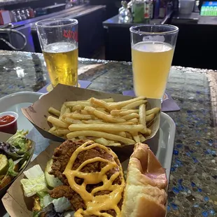 Spicy chicken chicken sandwich and fries from Hot Mess