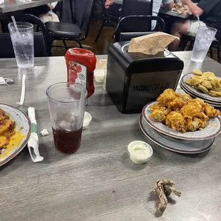 Sad potato skins, fried mushrooms, and fried pickles.