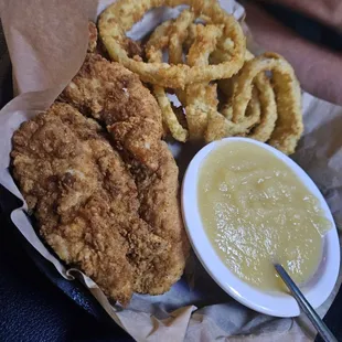 Chicken tenders,  fantastic onion rings &amp; apple sauce