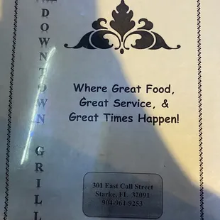 the menu for the restaurant