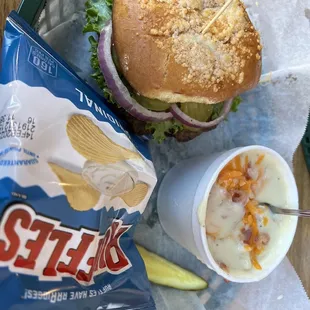 The Downtowner burger and loaded potato soup