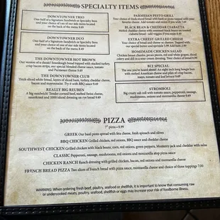 Wraps, Specialty and Pizza