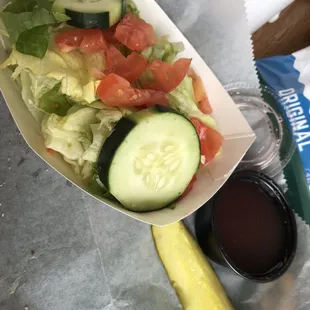 Side salad sans cheese, pickle