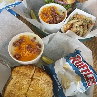 Loaded potato soup, grilled cheese, Italian pasta salad