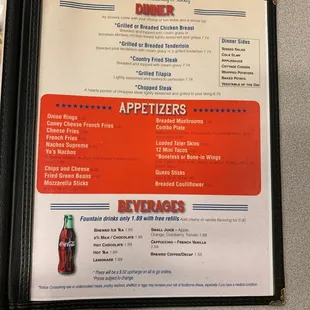 Dinner Menu.  Not available Saturdays or Sundays.