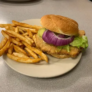 Tenderloin Sandwich with fries.