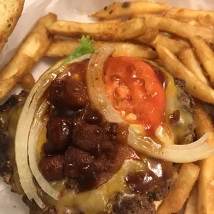 Bbq burger with no onion ring added and wife's Frisco that wasn't grilled as stated in menu.  This was a to go order and opened at home.