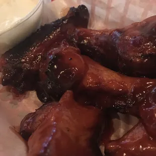Smoked wings in spicy BBQ with blue cheese. Great flavor but just a tad dry. Would still get again