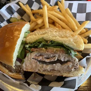 Texas Lucy Burger with fries