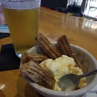 Churros with icecream and beer a small snack before bed!