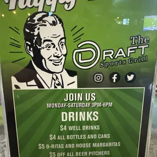 New Hapoy Hour times and drink specials