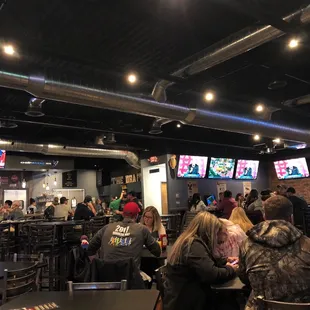 a large group of people in a sports bar