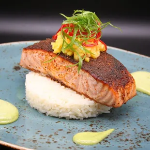 Chef&apos;s scrumptious Chili Lime Crusted Steelhead Salmon with jasmine rice, mango salsa, and kaffir lime leaf emulsion!