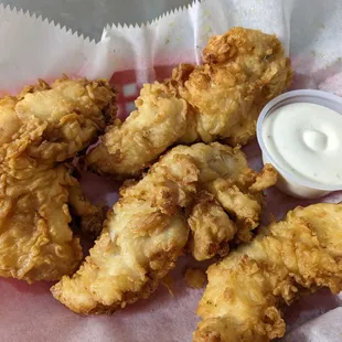 Chicken tenders rolled in flour and buttermilk and cooked golden brown.
