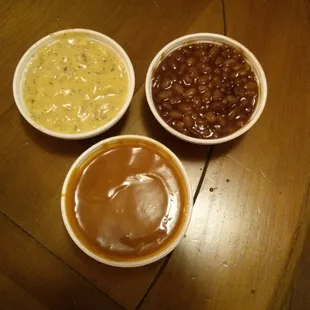 Mac and cheese, baked beans, and honey mustard BBQ sauce