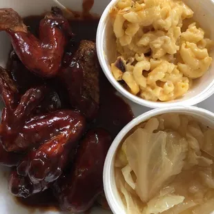 Hot wings, small Mac n cheese and cabbage