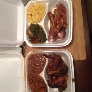 Chicken dinner with yams an beans. Rib dinne with greens and Mac n cheese yummmm!!