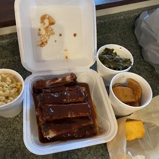 bbq ribs mac n cheese cornbread greens yams