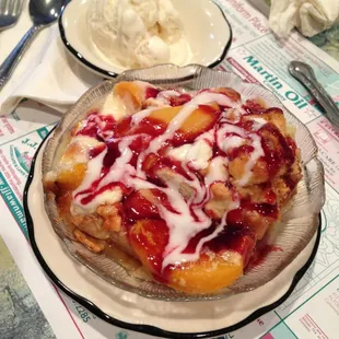 Peach Melba bread pudding--with white chocolate inside!