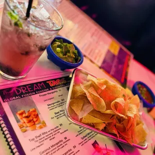 Blueberry Basil drink. Guacamole, Salsa and chips