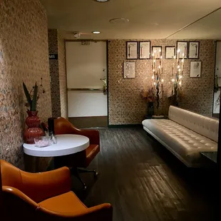 Lounge area in restaurant nearby restrooms