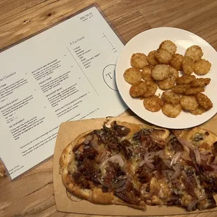 Brunch menu 07/03/2022; apple butter &amp; bacon flatbread and side of tots