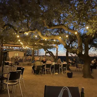 tables and chairs under a tree