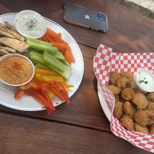 Veggie Hummus Plate and Fried Pickles