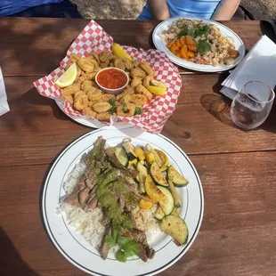 Chimichurri Stake, Fried Calamari, and Thai Noodles