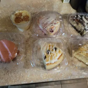 strawberry butter cookies, lemon blueberry, banana pudding,oreo, and strawberry cheesecakes, and a banana pudding cup.