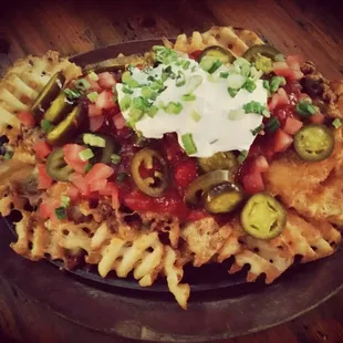 Irish nachos. Yes, with waffle fries.