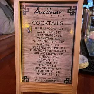 Cocktail menu