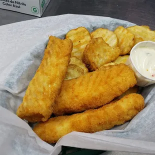 a basket of fish and chips