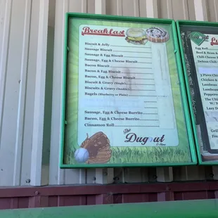 a menu for a baseball game