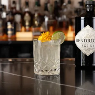 a bottle of gin and a glass of gin