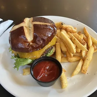 B Avenue Burger with cheddar instead of Brie